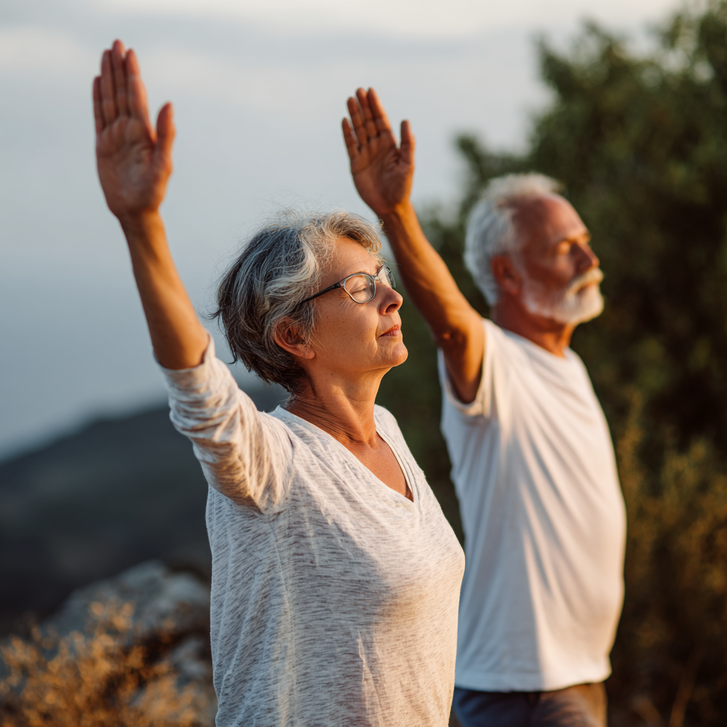 Mature adults practicing gentle mobility exercises outdoors in natural setting