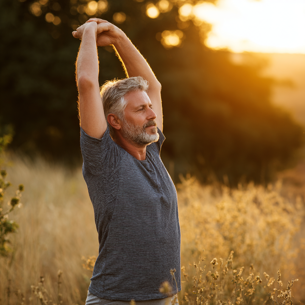 Middle-aged person doing gentle stretching exercises in peaceful natural environment