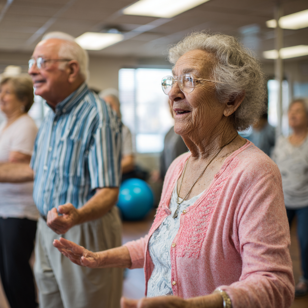 Older adults participating in gentle movement therapy session with professional guidance